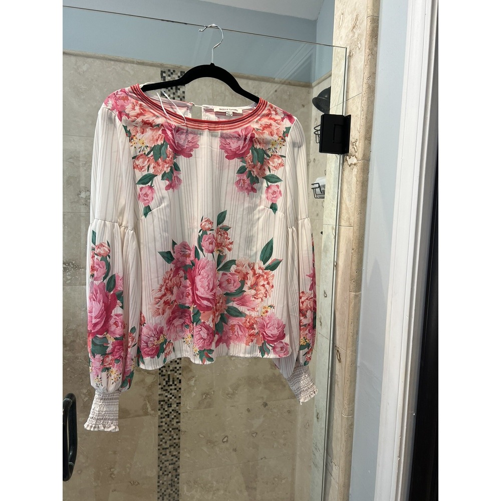 Jealous Tomato Peonies Floral Sheer Balloon Sleeve Blouse Pink White JT8272 L